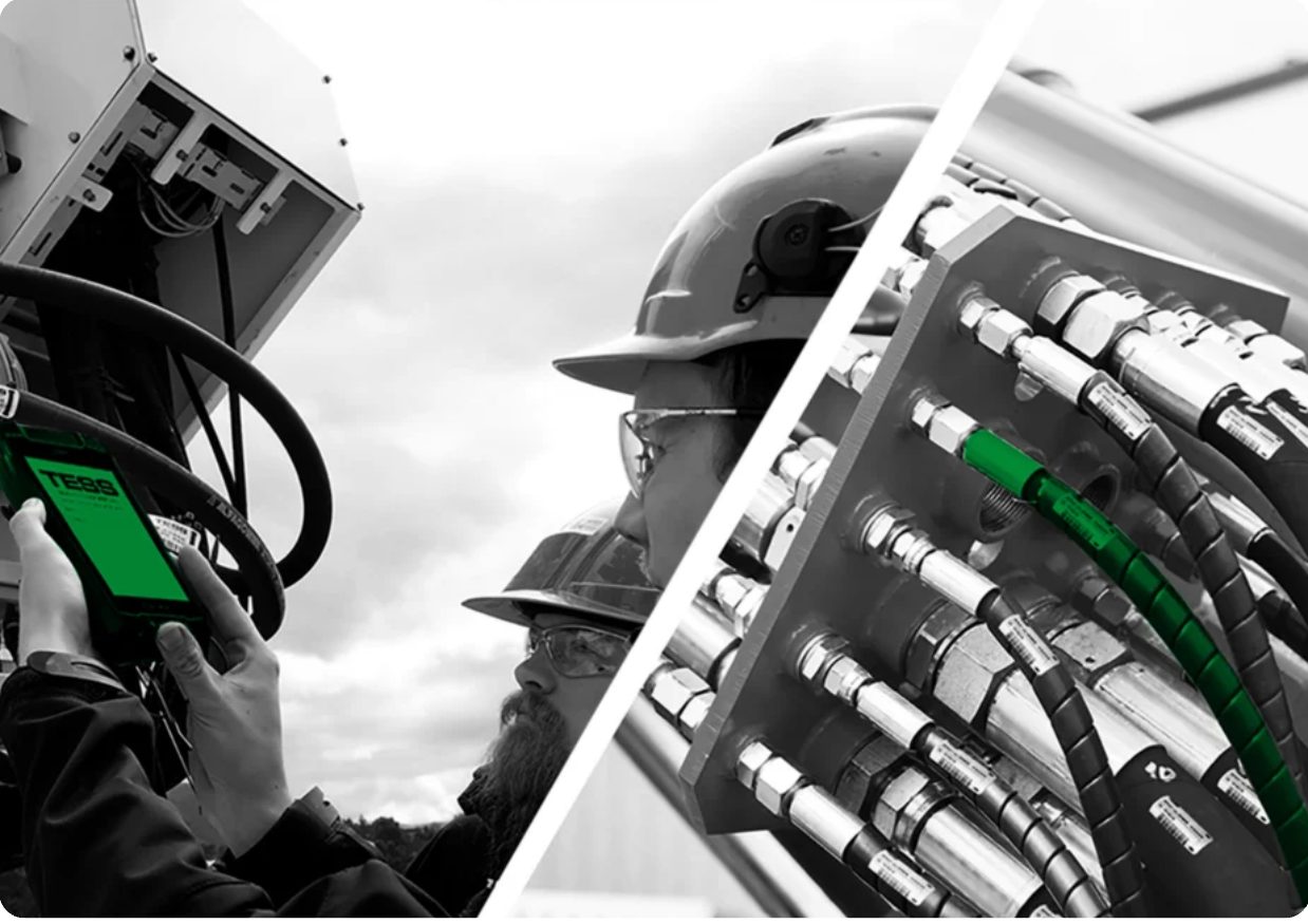 TESS technician using the hose management app, and a rack of tagged hydraulic hoses